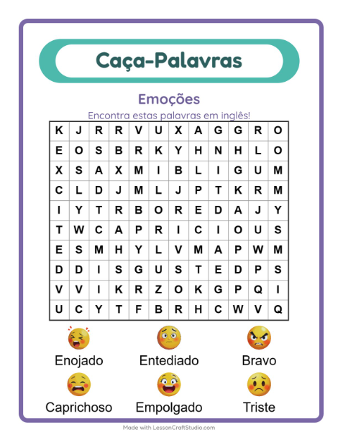 Caça-palavras em inglês – Emoções