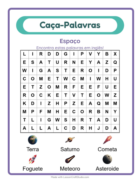 Caça-palavras em inglês – Espaço
