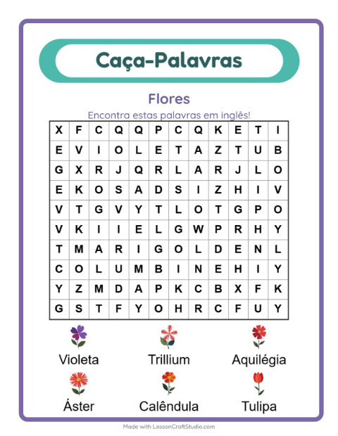 Prévia: Aprender inglês: Flores – caça-palavras para crianças