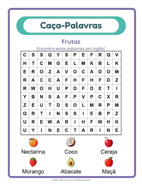 Caça-palavras em inglês – Frutas