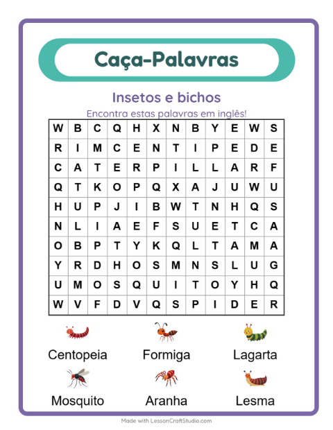 Caça-palavras em inglês – Insetos e bichos