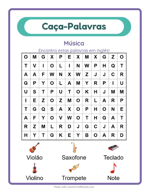 Caça-palavras em inglês – Música