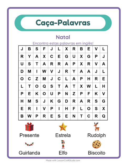 Prévia: Aprender inglês: Natal – caça-palavras para crianças