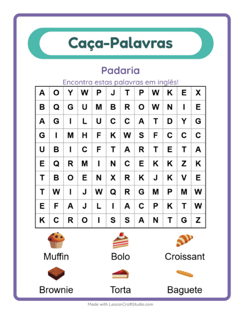 Caça-palavras em inglês – Padaria