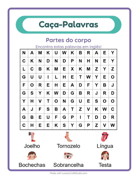 Caça-palavras em inglês – Partes do corpo