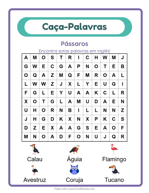 Caça-palavras em inglês – Pássaros