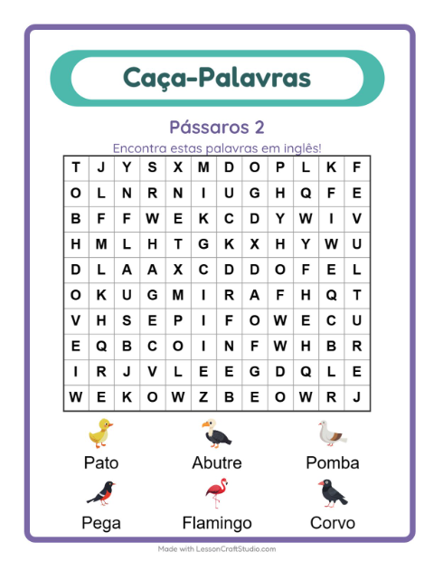Caça-palavras em inglês – Pássaros 2
