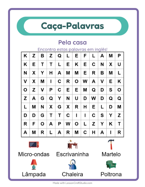 Caça-palavras em inglês – Pela casa