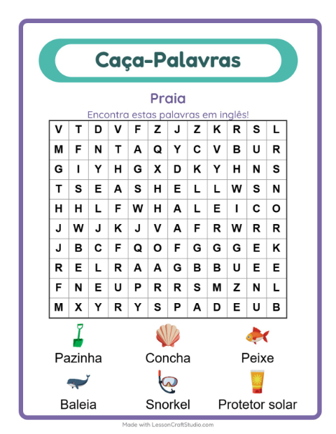 Caça-palavras em inglês – Praia