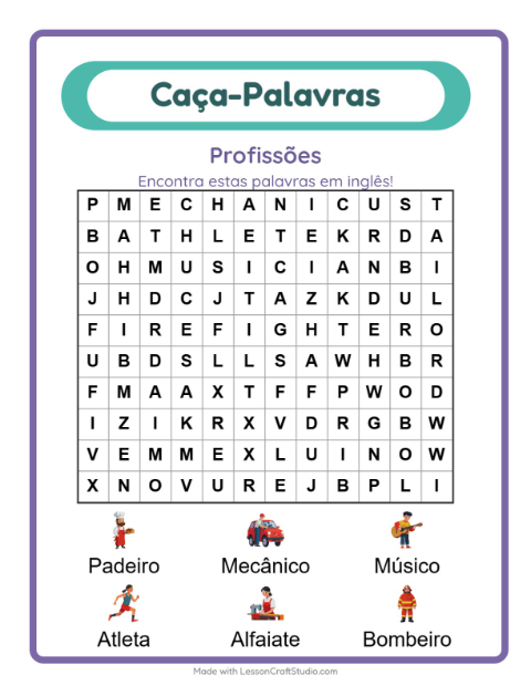 Prévia: Aprender inglês: Profissões – caça-palavras para crianças