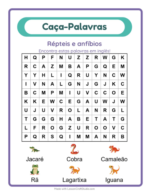 Caça-palavras em inglês – Répteis e anfíbios