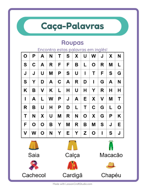 Prévia: Aprender inglês: Roupas – caça-palavras para crianças