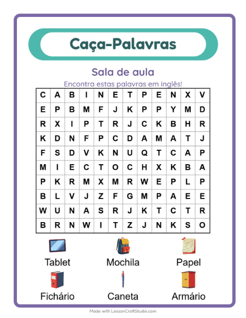 Caça-palavras em inglês – Sala de aula