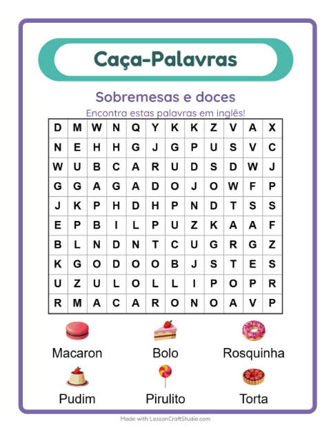 Caça-palavras em inglês – Sobremesas e doces