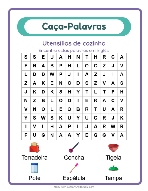 Caça-palavras em inglês – Utensílios de cozinha