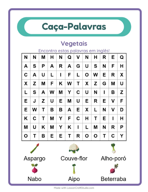 Caça-palavras em inglês – Vegetais