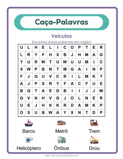 Caça-palavras em inglês – Veículos