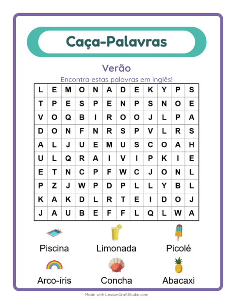 Caça-palavras em inglês – Verão