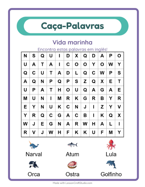 Caça-palavras em inglês – Vida marinha