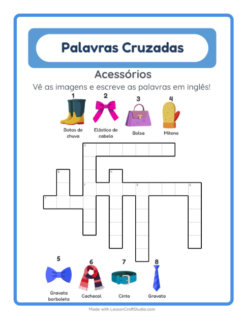 Palavras cruzadas em inglês com imagens – Acessórios