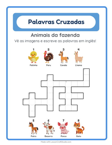 Palavras cruzadas em inglês com imagens – Animais da fazenda