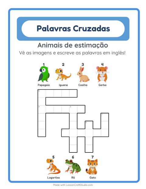 Prévia: Aprender inglês: Animais de estimação – palavras cruzadas para crianças