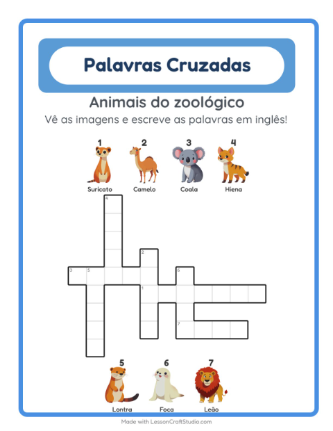 Palavras cruzadas em inglês com imagens – Animais do zoológico