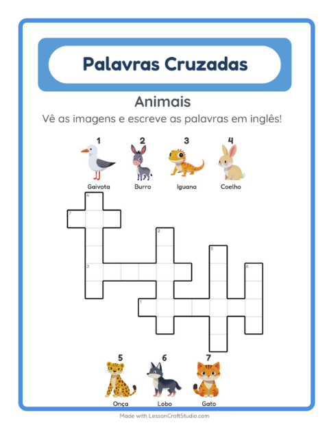 Palavras cruzadas em inglês com imagens – Animais