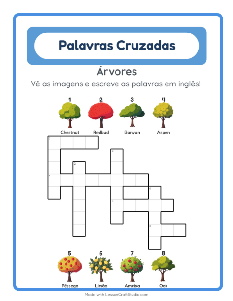 Prévia: Aprender inglês: Árvores – palavras cruzadas para crianças