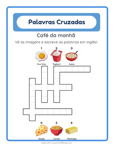 Prévia: Aprender inglês: Café da manhã – palavras cruzadas para crianças