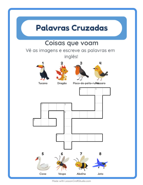 Palavras cruzadas em inglês com imagens – Coisas que voam