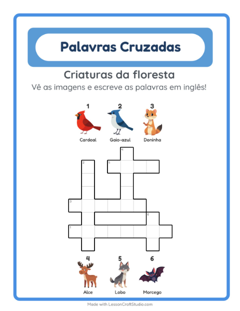Palavras cruzadas em inglês com imagens – Criaturas da floresta