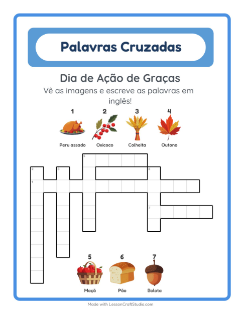 Palavras cruzadas em inglês com imagens – Dia de Ação de Graças