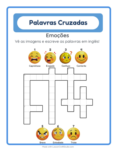 Prévia: Aprender inglês: Emoções – palavras cruzadas para crianças