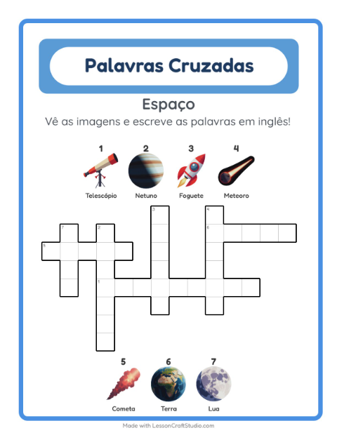Palavras cruzadas em inglês com imagens – Espaço