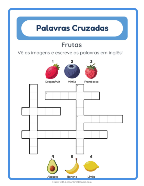 Prévia: Aprender inglês: Frutas – palavras cruzadas para crianças