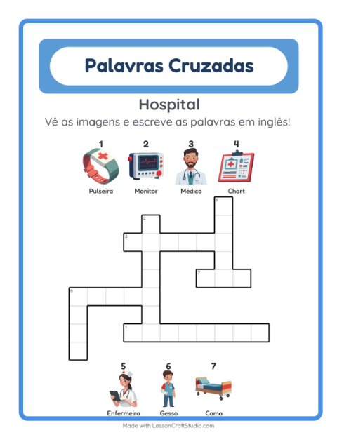 Palavras cruzadas em inglês com imagens – Hospital