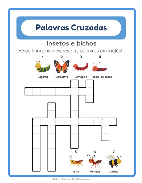 Prévia: Aprender inglês: Insetos e bichos – palavras cruzadas para crianças
