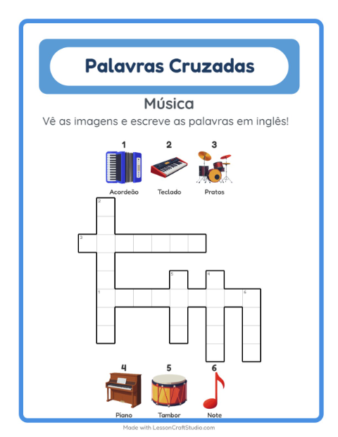 Palavras cruzadas em inglês com imagens – Música