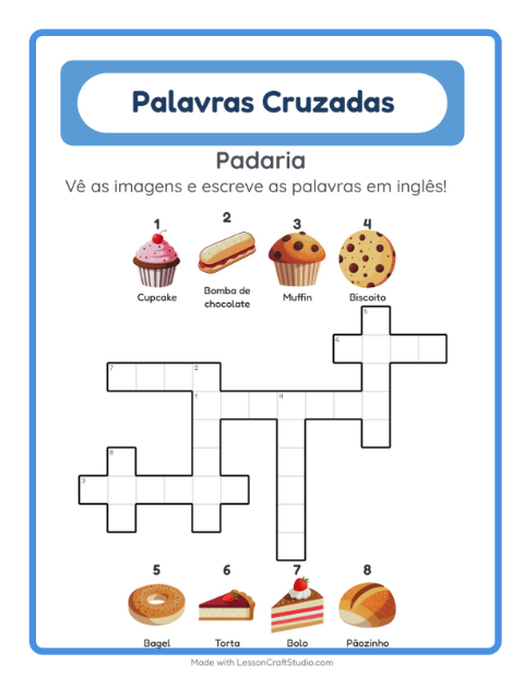 Palavras cruzadas em inglês com imagens – Padaria