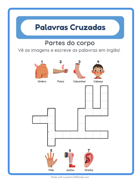 Palavras cruzadas em inglês com imagens – Partes do corpo
