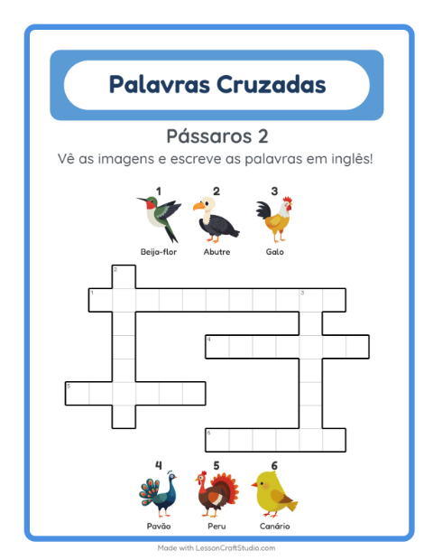 Palavras cruzadas em inglês com imagens – Pássaros 2