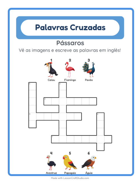 Palavras cruzadas em inglês com imagens – Pássaros