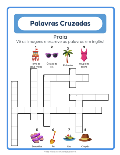 Palavras cruzadas em inglês com imagens – Praia