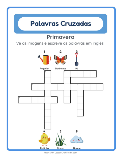 Palavras cruzadas em inglês com imagens – Primavera