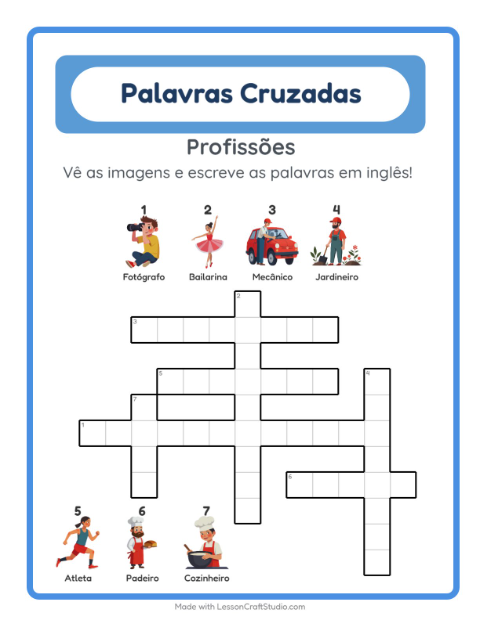 Palavras cruzadas em inglês com imagens – Profissões