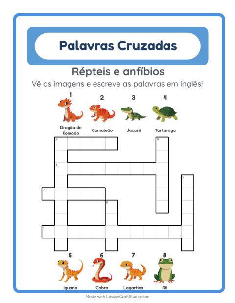 Palavras cruzadas em inglês com imagens – Répteis e anfíbios