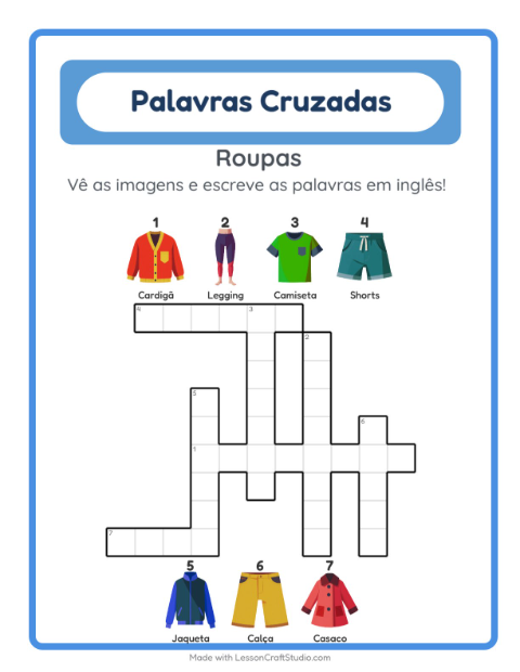 Palavras cruzadas em inglês com imagens – Roupas