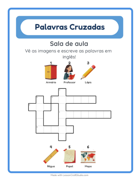 Palavras cruzadas em inglês com imagens – Sala de aula