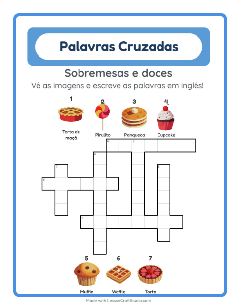 Palavras cruzadas em inglês com imagens – Sobremesas e doces